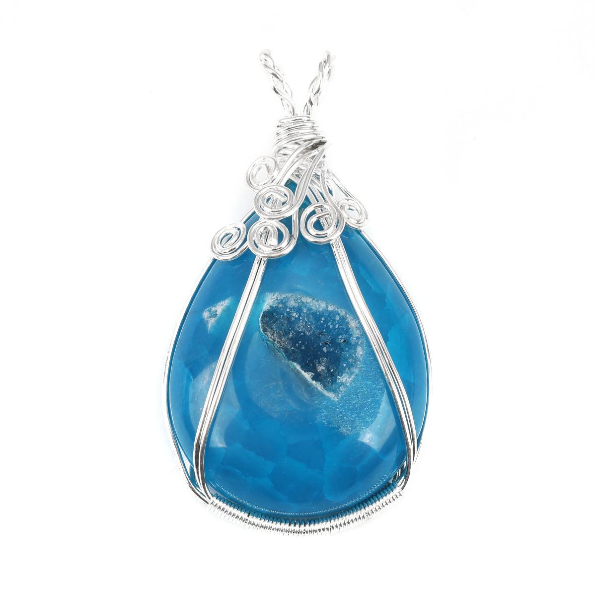 Picture of (Grade A) Agate ( Natural ) Pendants Drop Silver Plated Blue Wrapped 6.2cm x 3.5cm, 1 Piece