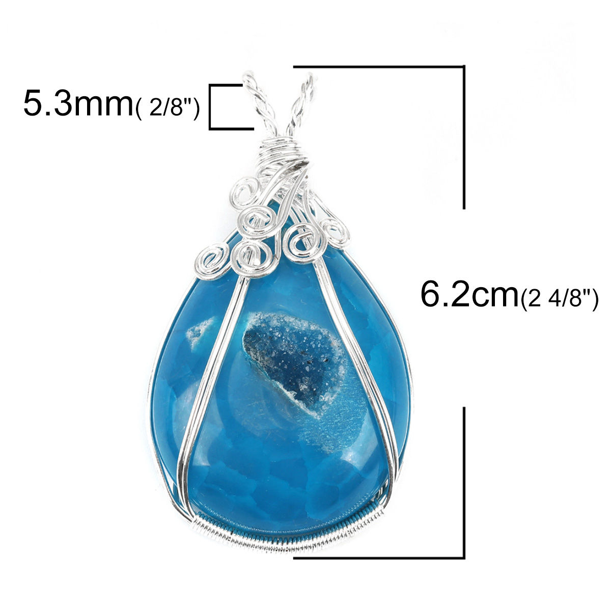 Picture of (Grade A) Agate ( Natural ) Pendants Drop Silver Plated Blue Wrapped 6.2cm x 3.5cm, 1 Piece