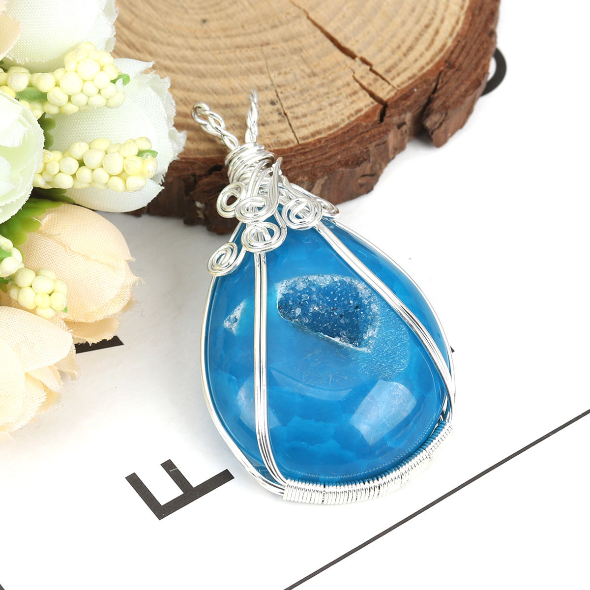 Picture of (Grade A) Agate ( Natural ) Pendants Drop Silver Plated Blue Wrapped 6.2cm x 3.5cm, 1 Piece