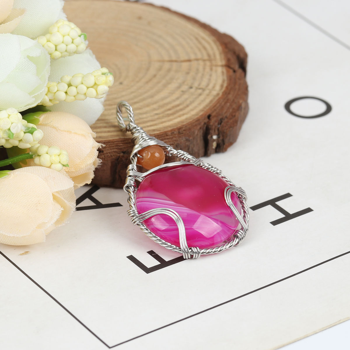 Picture of (Grade A) Agate ( Natural ) Pendants Drop Silver Tone Fuchsia Wrapped 5.1cm x 3cm, 1 Piece