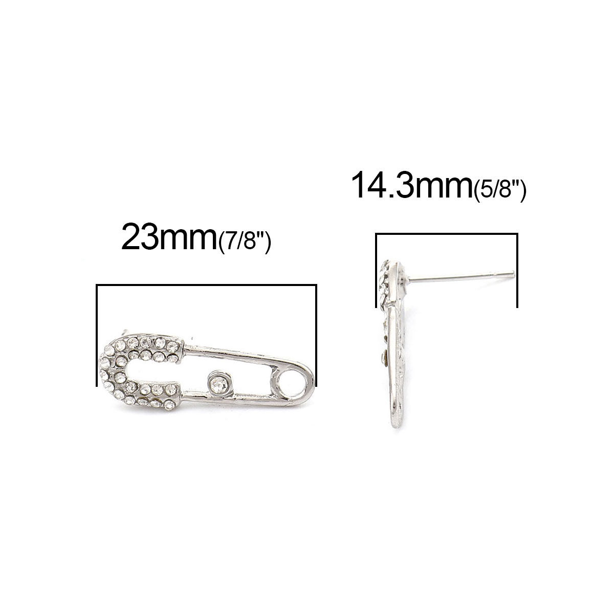 Picture of Zinc Based Alloy Ear Post Stud Earrings Findings Pin Silver Tone W/ Stoppers Clear Rhinestone 23mm x 8mm, Post/ Wire Size: (21 gauge), 5 PCs