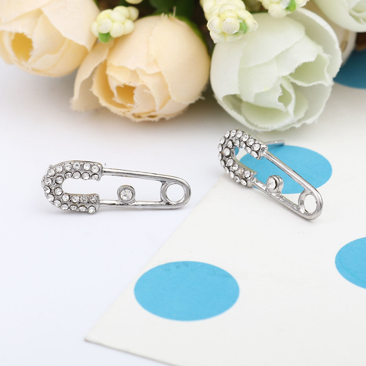Picture of Zinc Based Alloy Ear Post Stud Earrings Findings Pin Silver Tone W/ Stoppers Clear Rhinestone 23mm x 8mm, Post/ Wire Size: (21 gauge), 5 PCs
