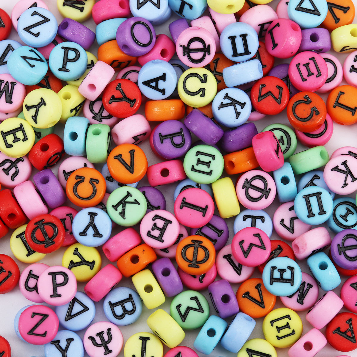 Picture of Acrylic Beads Flat Round At Random Mixed Multicolor Greek Alphabet Pattern About 7mm Dia., Hole: Approx 1.4mm, 200 PCs