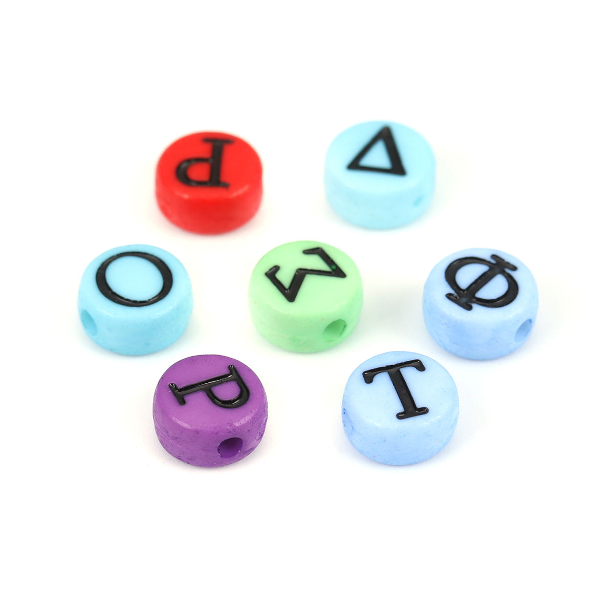 Picture of Acrylic Beads Flat Round At Random Mixed Multicolor Greek Alphabet Pattern About 7mm Dia., Hole: Approx 1.4mm, 200 PCs