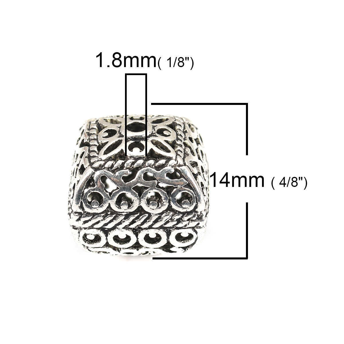 Picture of Zinc Based Alloy Spacer Beads Square Antique Silver Color Carved Pattern About 14mm x 14mm, Hole: Approx 1.8mm, 5 PCs