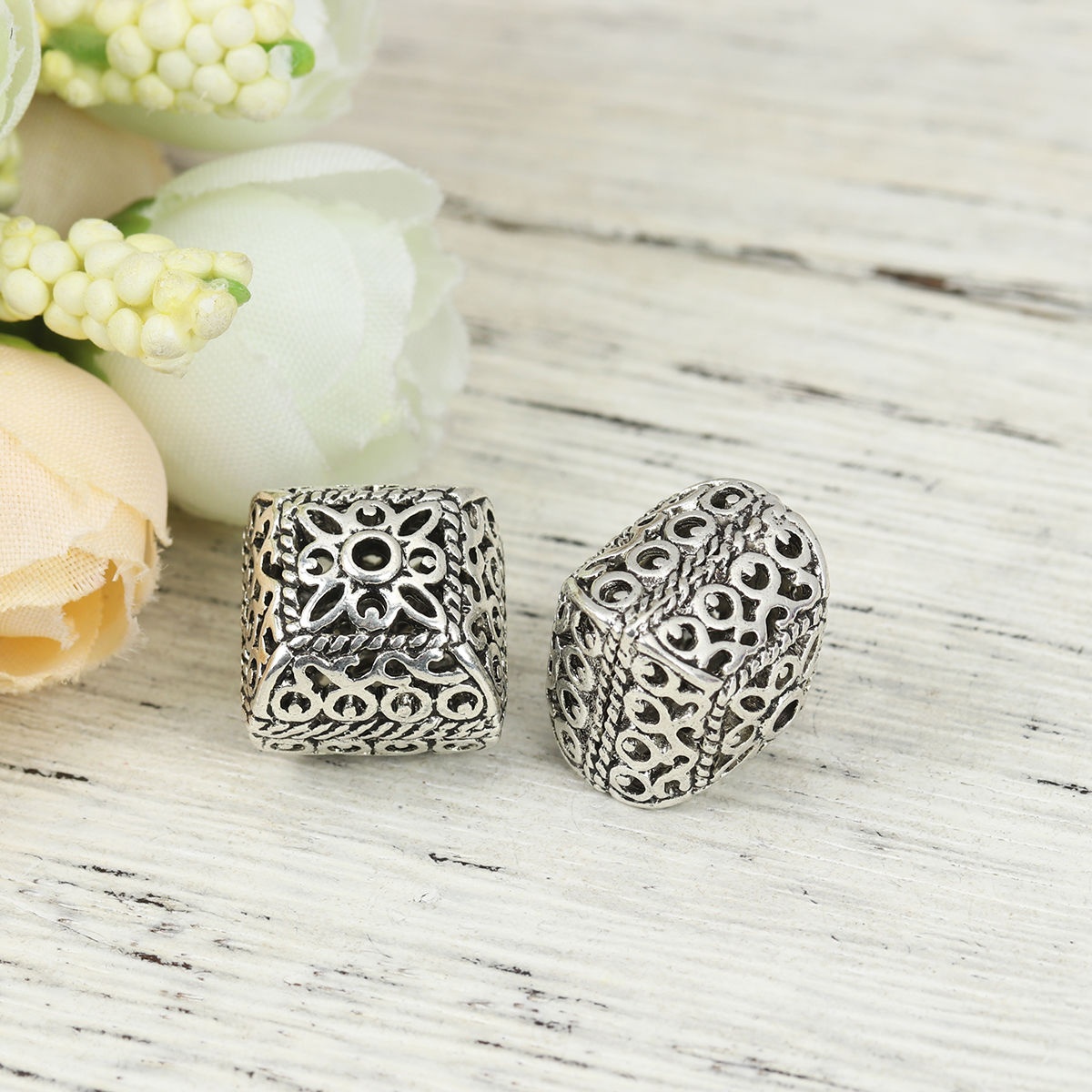 Picture of Zinc Based Alloy Spacer Beads Square Antique Silver Color Carved Pattern About 14mm x 14mm, Hole: Approx 1.8mm, 5 PCs