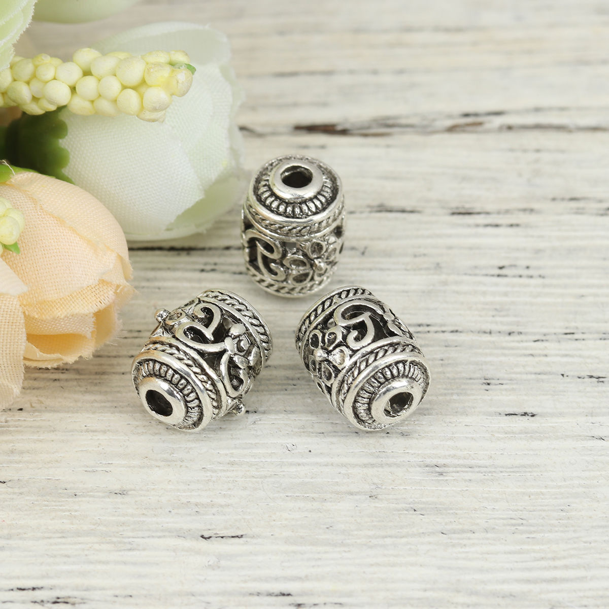 Picture of Zinc Based Alloy Spacer Beads Oval Antique Silver Color Flower About 14mm x 13mm, Hole: Approx 2.8mm, 5 PCs