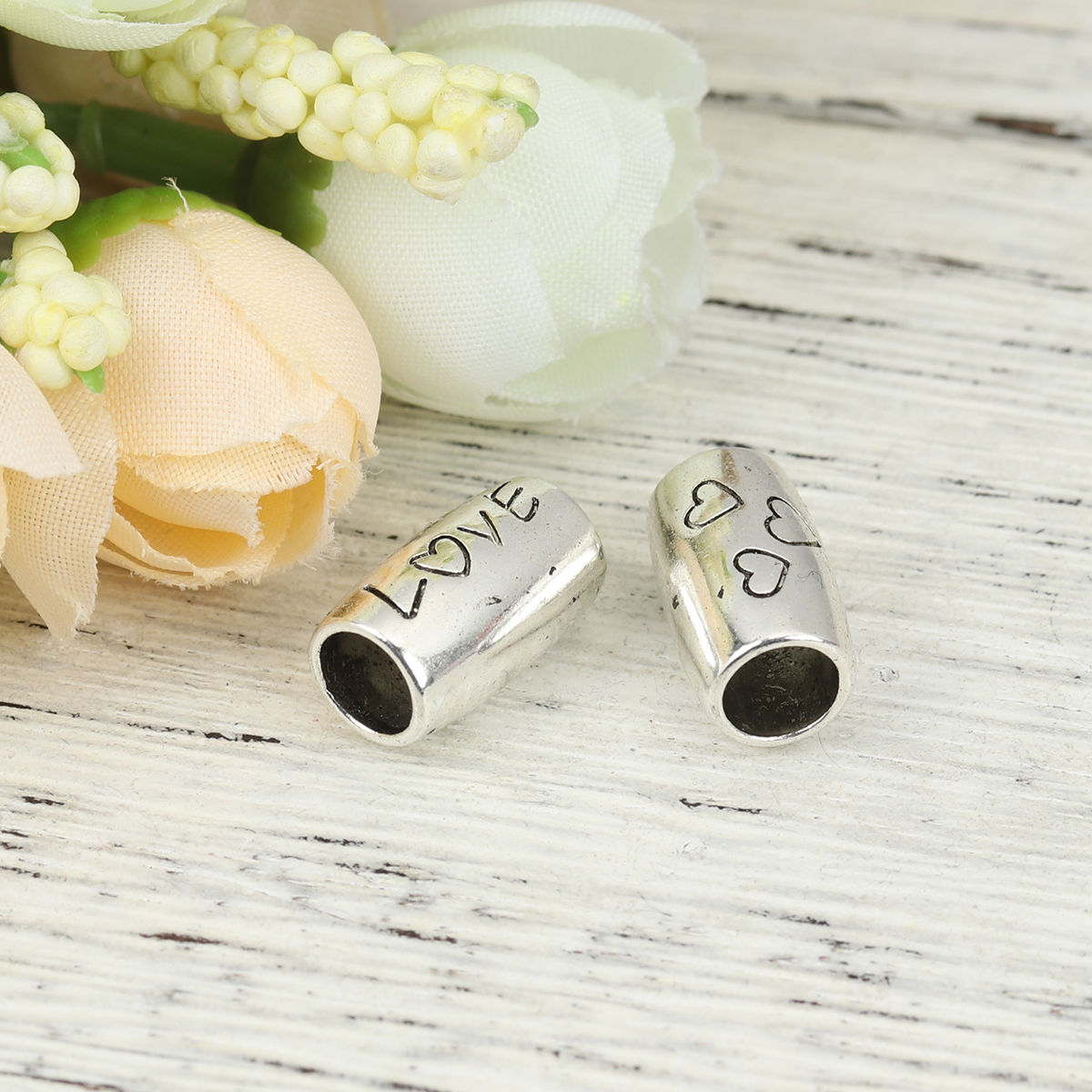 Picture of Zinc Based Alloy Spacer Beads Cylinder Antique Silver Color Heart Message " LOVE " About 15mm x 9mm, Hole: Approx 5.5mm, 10 PCs