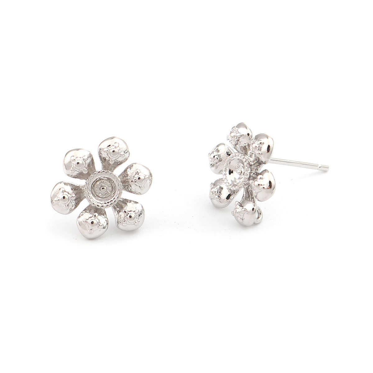 Picture of Brass Ear Post Stud Earrings Silver Tone Flower W/ Loop 12mm x 11mm, Post/ Wire Size: (20 gauge), 2 PCs