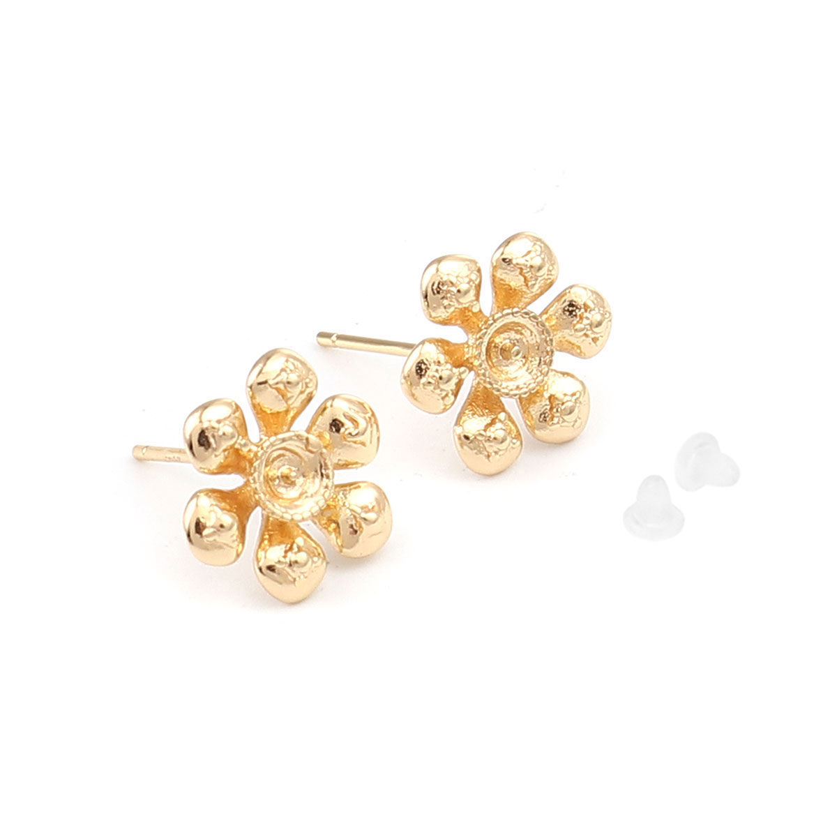 Picture of Brass Ear Post Stud Earrings Gold Plated Flower W/ Loop 12mm x 11mm, Post/ Wire Size: (20 gauge), 2 PCs