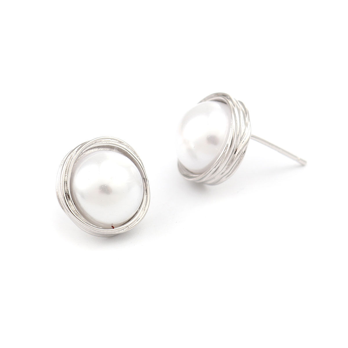 Picture of Brass Ear Post Stud Earrings Silver Tone White Round Acrylic Imitation Pearl 18mm x 12mm, Post/ Wire Size: (21 gauge), 2 PCs
