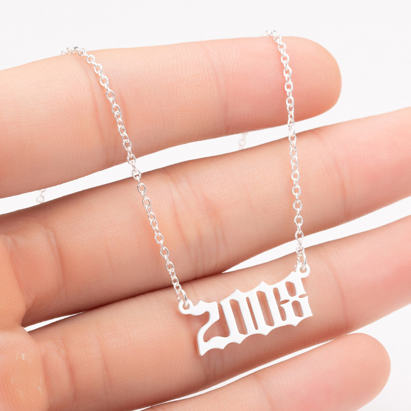 Picture of Stainless Steel Year Necklace Silver Tone Number Message " 2008 " 45cm(17 6/8") long, 1 Piece