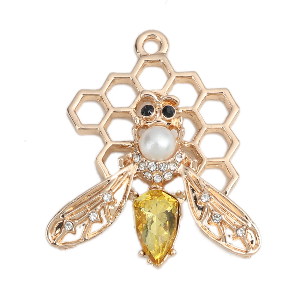 亜鉛合金 ペンダント 蜂 金メッキ 白 イエローラインストーン アクリル模造真珠 4cm x 3.4cm、 2 個 の画像