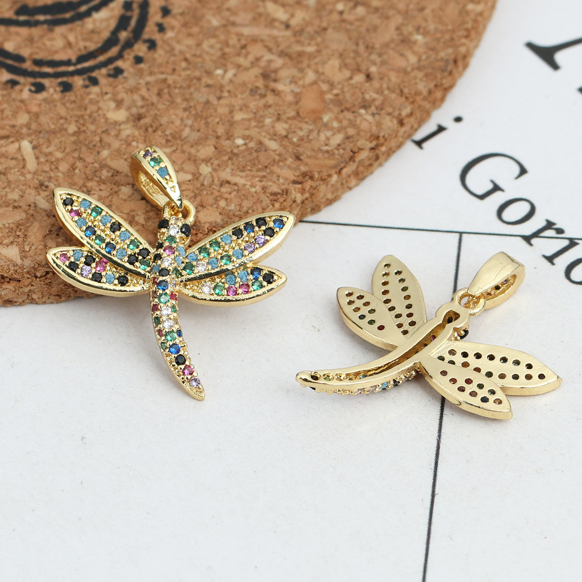 Picture of 1 Piece Brass Insect Charm Pendant 18K Gold Plated Dragonfly Animal Micro Pave Multicolor Rhinestone 24mm x 21mm