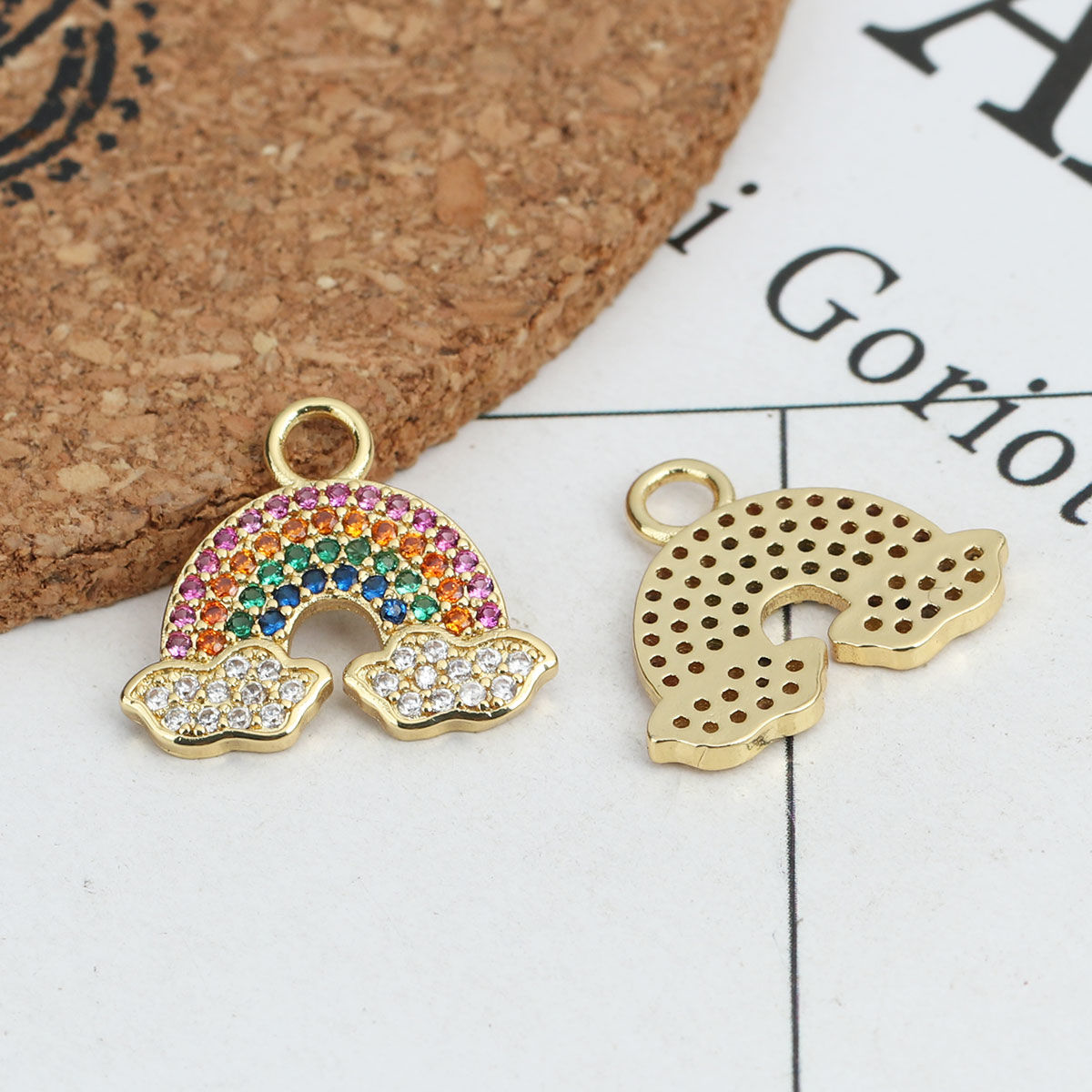 Picture of 1 Piece Brass Weather Collection Charms 18K Gold Plated Rainbow Micro Pave Multicolor Rhinestone 19mm x 17mm