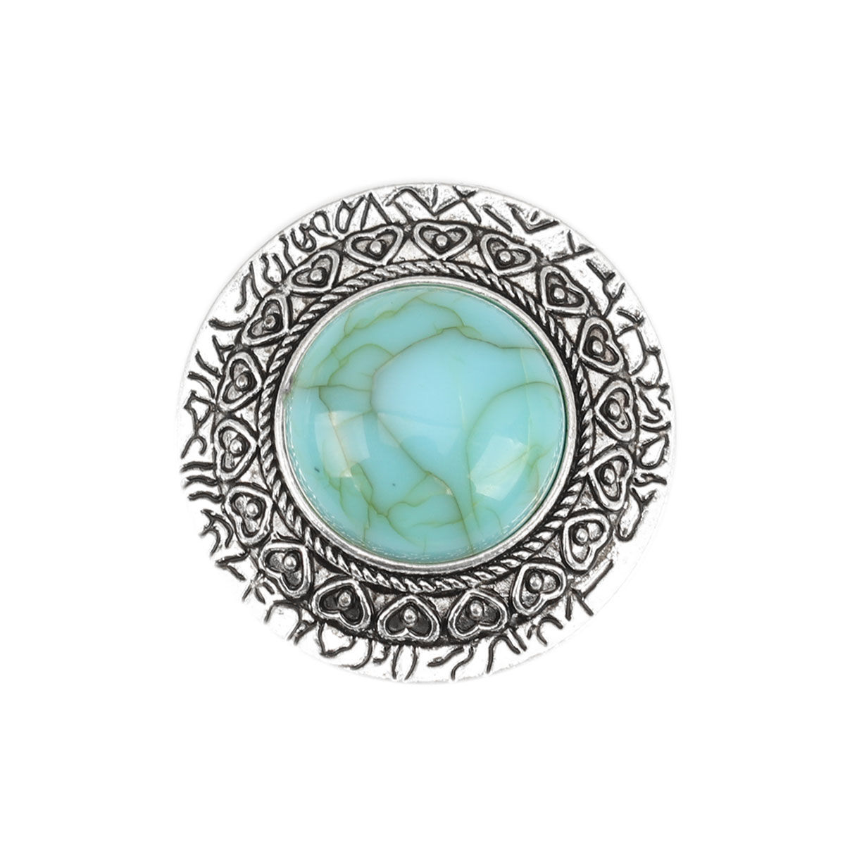 Picture of Zinc Based Alloy & Acrylic Boho Chic Bohemia Connectors Round Antique Silver Color Green Blue Carved Pattern Imitation Turquoise 29mm Dia., 2 PCs