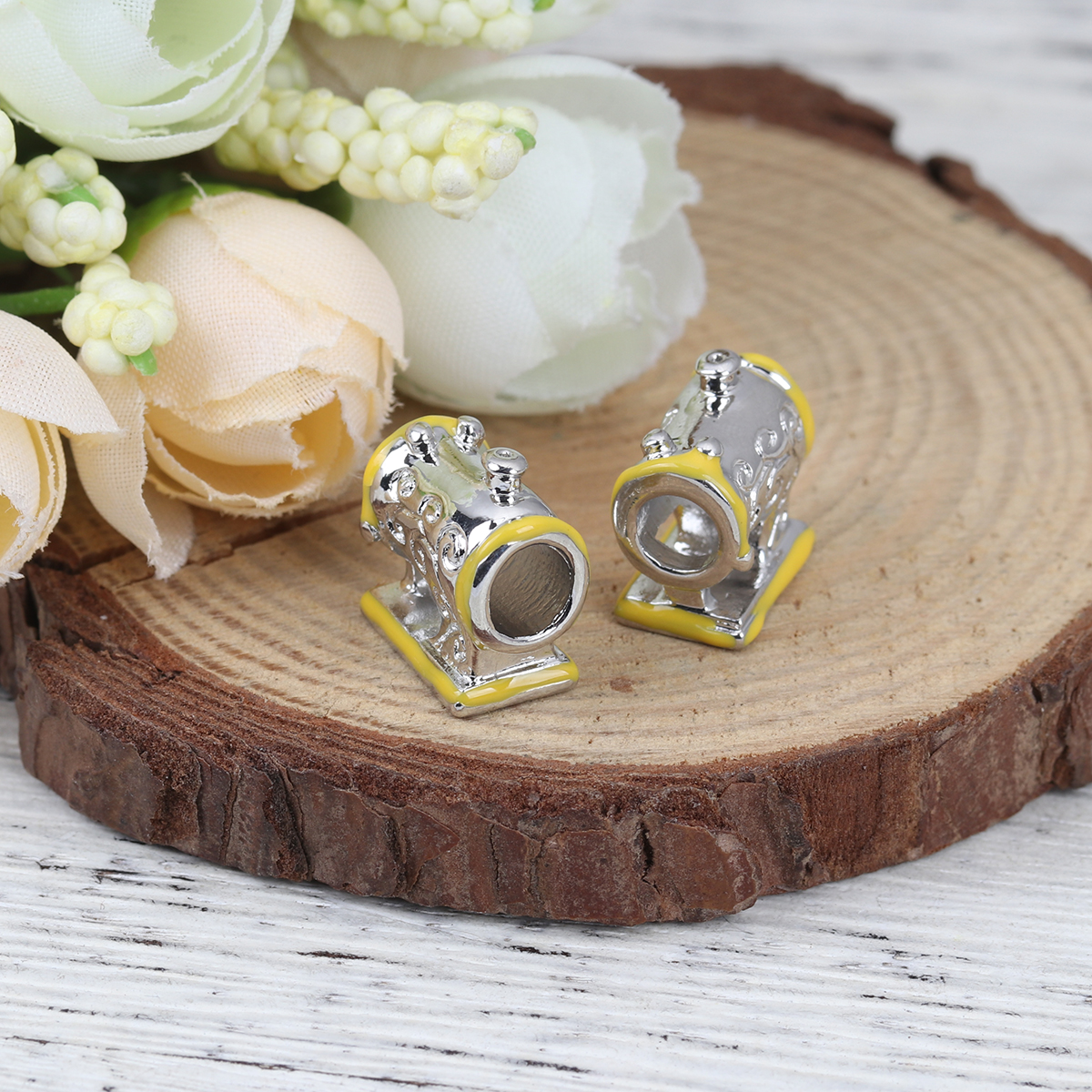 Picture of Zinc Based Alloy European Style European Style Beads Sewing Machine Silver Tone Flower Vine Yellow Enamel About 14mm x 13mm, Hole: Approx 5.1mm, 2 PCs