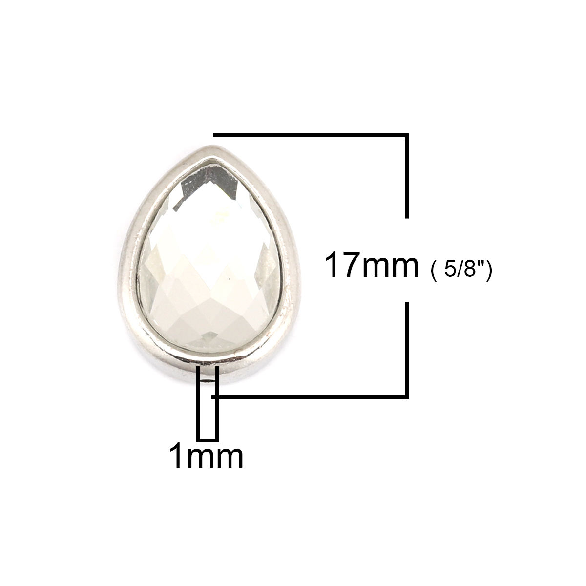 亜鉛合金 スペーサー ビーズ 滴 ドロップ シルバートーン 透明ラインストーン 約 17mm x 13mm、 穴：約 1mm、 5 個 の画像