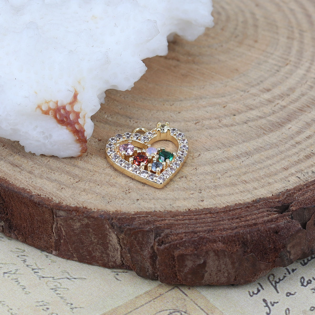 Picture of Brass Valentine's Day Charms Gold Plated Heart Hollow Multicolor Rhinestone 12mm x 11mm, 1 Piece