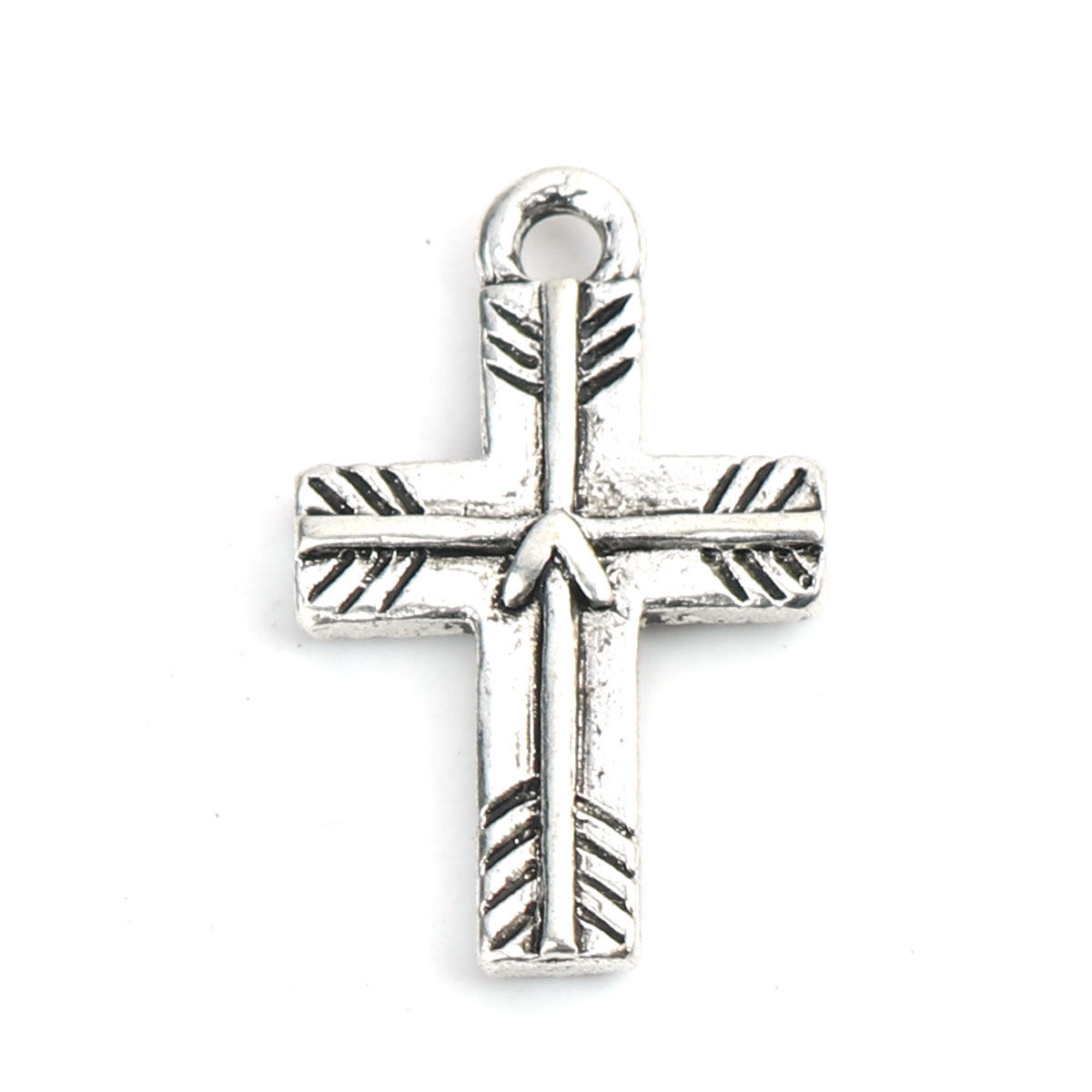 Picture of Zinc Based Alloy Religious Charms Cross Antique Silver Color Stripe 22mm x 14mm, 10 PCs