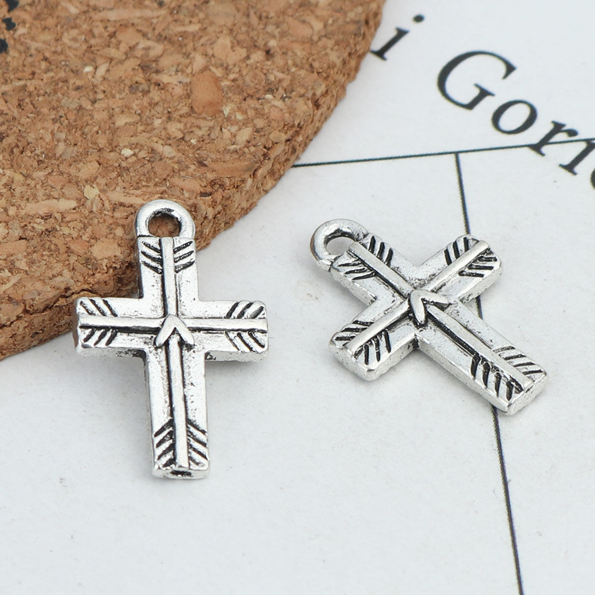 Picture of Zinc Based Alloy Religious Charms Cross Antique Silver Color Stripe 22mm x 14mm, 10 PCs
