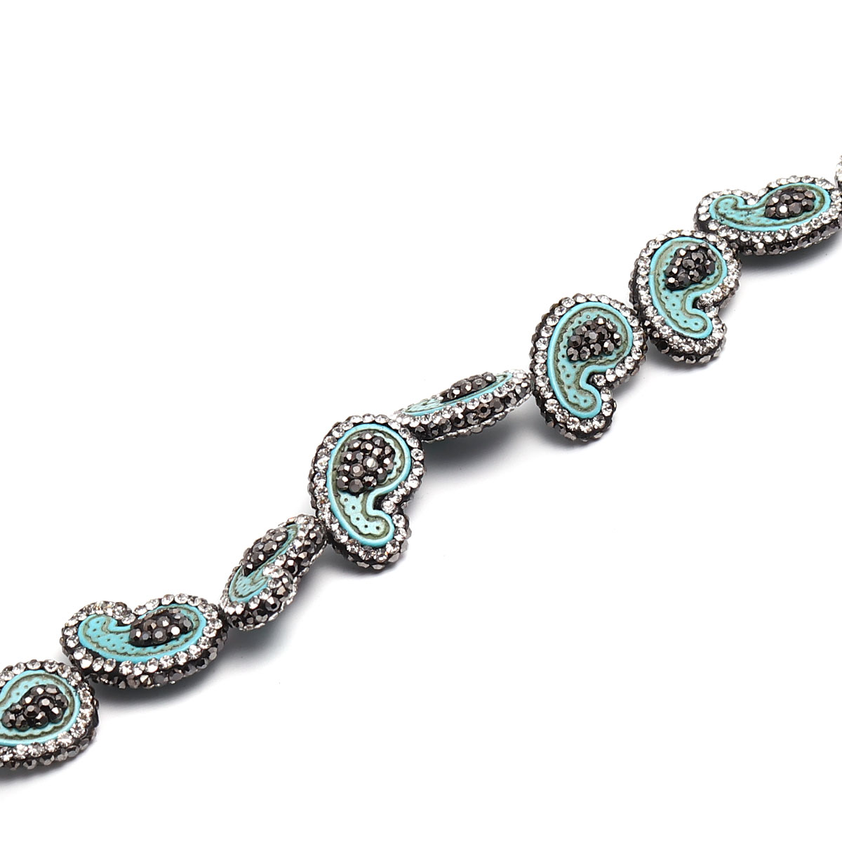 Picture of Synthetic Turquoise Gemstone Micro Pave Beads Blue Black & Clear Rhinestone Feather Handmade About 22mm x 15mm, Hole: Approx 1.4mm, 1 Piece