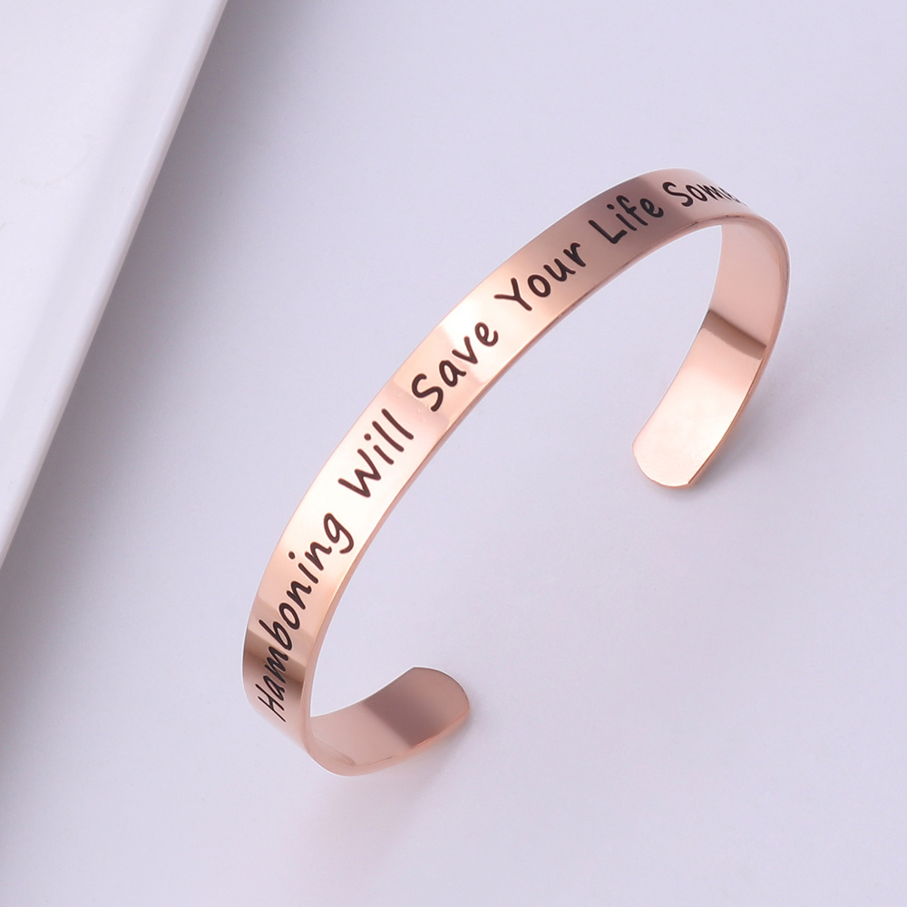 Picture of Stainless Steel Open Cuff Bangles Bracelets Rose Gold Message " Hamboning Will Save Your Life Someday " Corrosion 20cm(7 7/8") long, 1 Piece