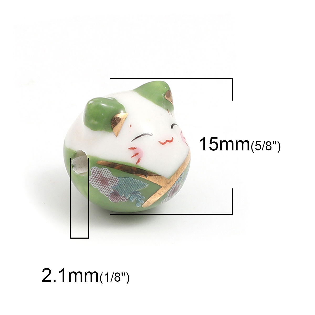 Picture of 1 Piece Ceramic Japanese Style Beads For DIY Jewelry Making Cat Animal Green About 15mm x 14mm, Hole: Approx 2.7mm