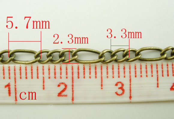 Picture of Alloy 3:1 Figaro Link Curb Chain Findings Antique Bronze 6x3mm(2/8"x1/8") 3x2mm(1/8"x1/8"), 8 M
