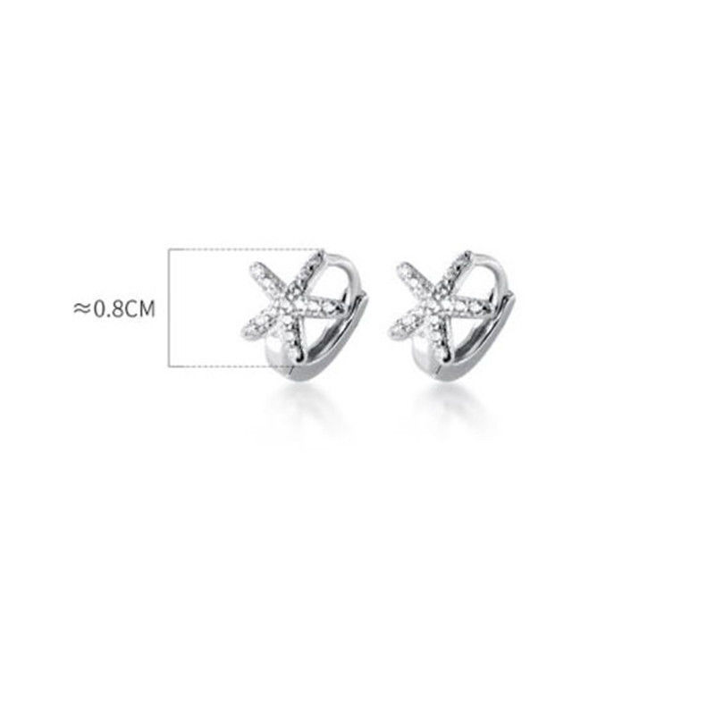 Picture of Sterling Silver Hoop Earrings Silver Color Star Fish Clear Rhinestone 8mm, 1 Pair