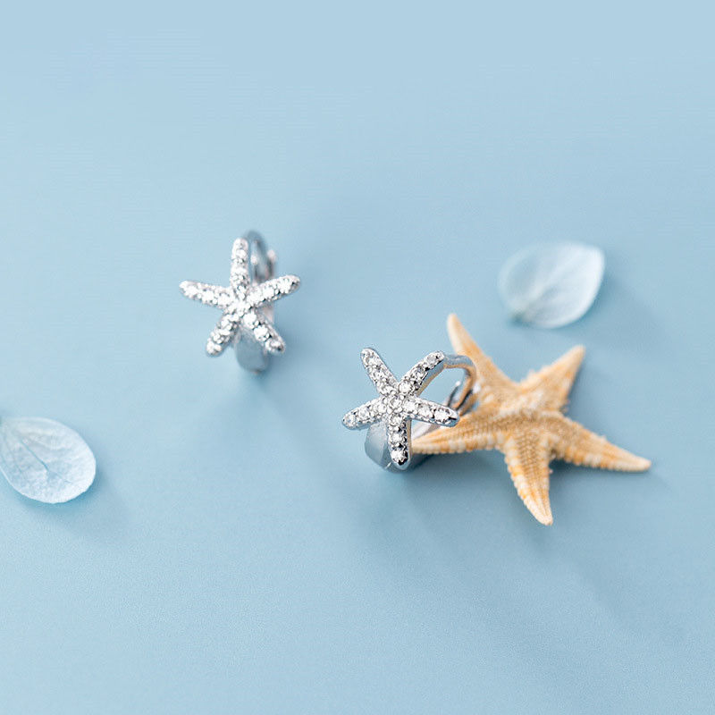 Picture of Sterling Silver Hoop Earrings Silver Color Star Fish Clear Rhinestone 8mm, 1 Pair
