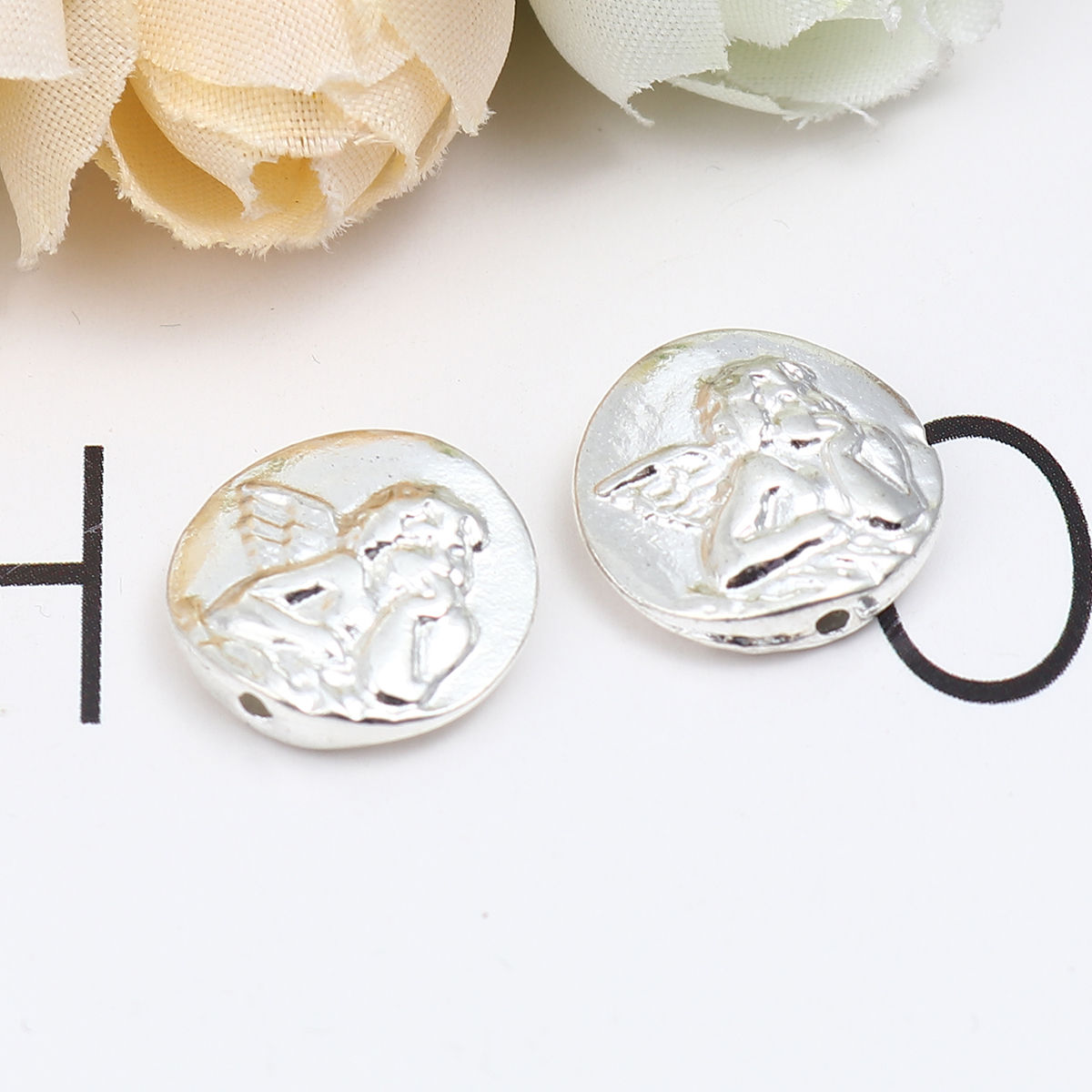 Picture of Zinc Based Alloy Religious Spacer Beads Flat Round Silver Plated Angel About 14mm Dia., Hole: Approx 1mm, 20 PCs