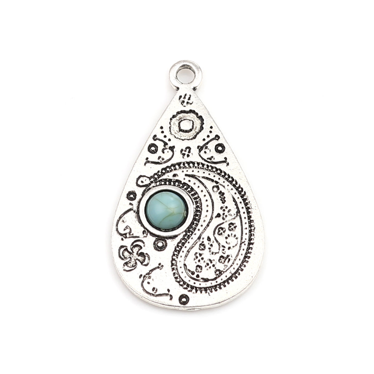 Image de Pendentifs en Alliage de Zinc+Acrylique Goutte d'Eau Argent Vieilli Bleu-Vert Imitation Turquoise 33mm x 19mm, 5 Pcs