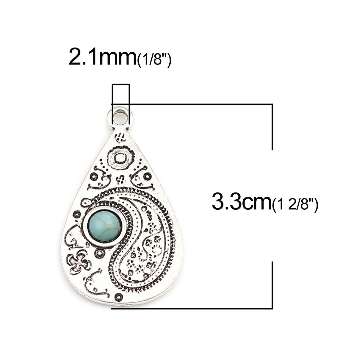 Image de Pendentifs en Alliage de Zinc+Acrylique Goutte d'Eau Argent Vieilli Bleu-Vert Imitation Turquoise 33mm x 19mm, 5 Pcs