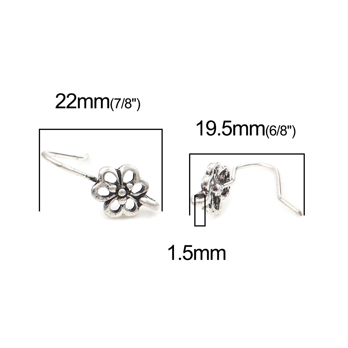 Bild von Zinklegierung Ohrring Ohr Haken Ohrringe Blumen Antiksilber M/Öse 22mm x 10mm, Drahtstärke: (19 gauge), 10 Stück