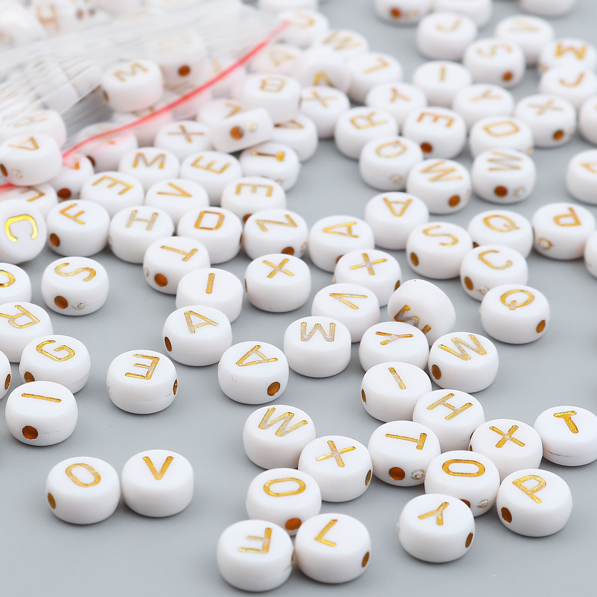 Picture of Acrylic Beads Flat Round Gold Plated White Initial Alphabet/ Capital Letter Pattern About 7mm Dia., Hole: Approx 1.5mm, 500 PCs