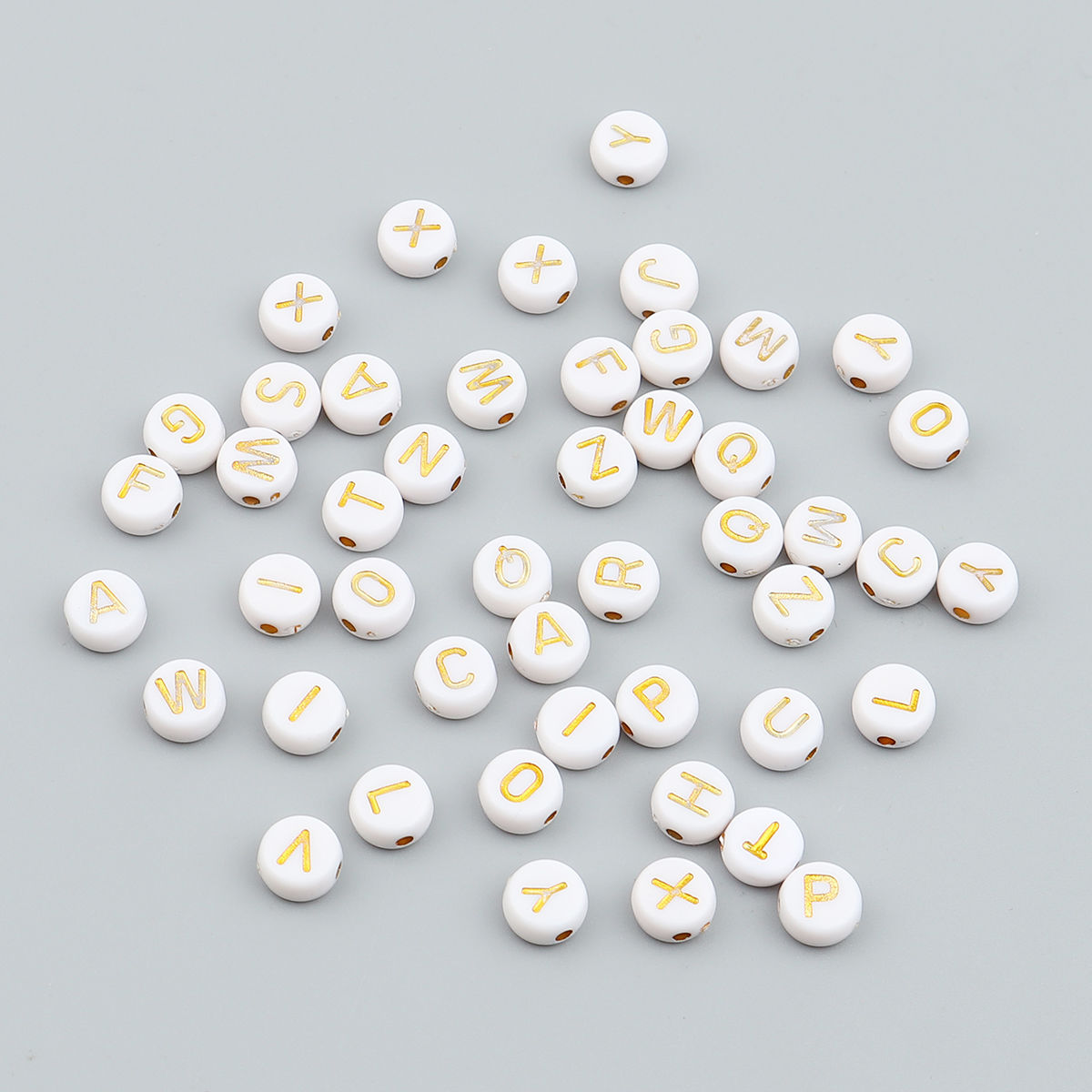 Picture of Acrylic Beads Flat Round Gold Plated White Initial Alphabet/ Capital Letter Pattern About 7mm Dia., Hole: Approx 1.5mm, 500 PCs