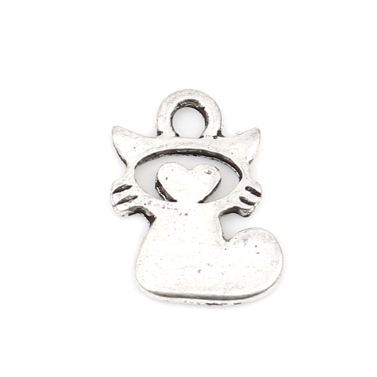 Imagen de Zamak Colgantes Charms Gato Plata Antigua Corazón 13mm x 9mm, 50 Unidades