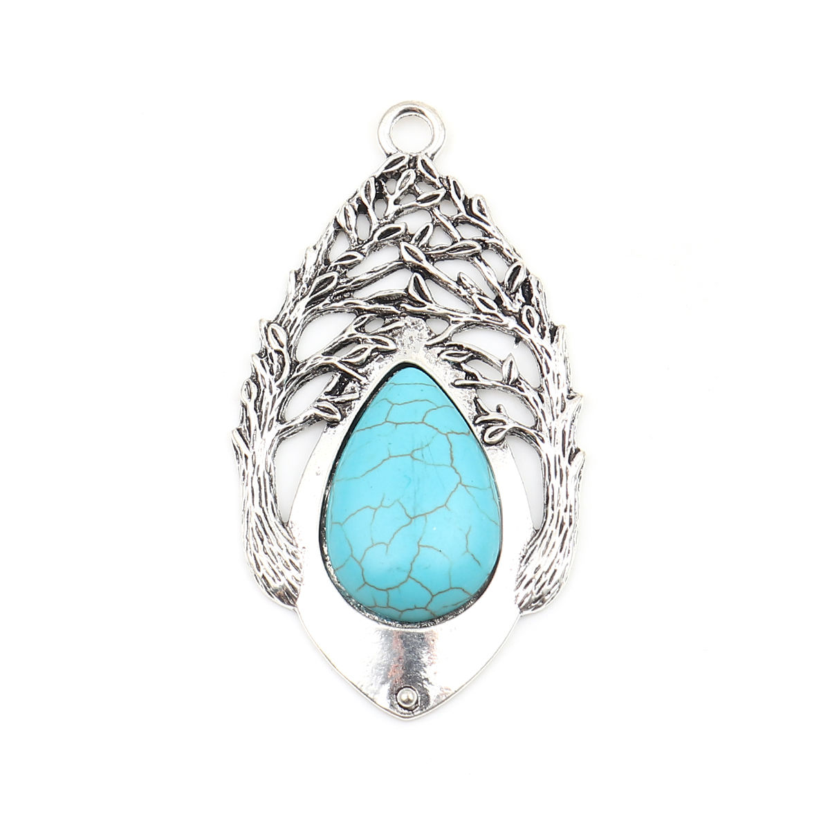 Imagen de Aleación de metal de Zinc + Acrílico Colgantes Óvalo Plata Antigua Verde Azul Hoja Imitación de turquesa 76mm x 42mm, 1 Unidad