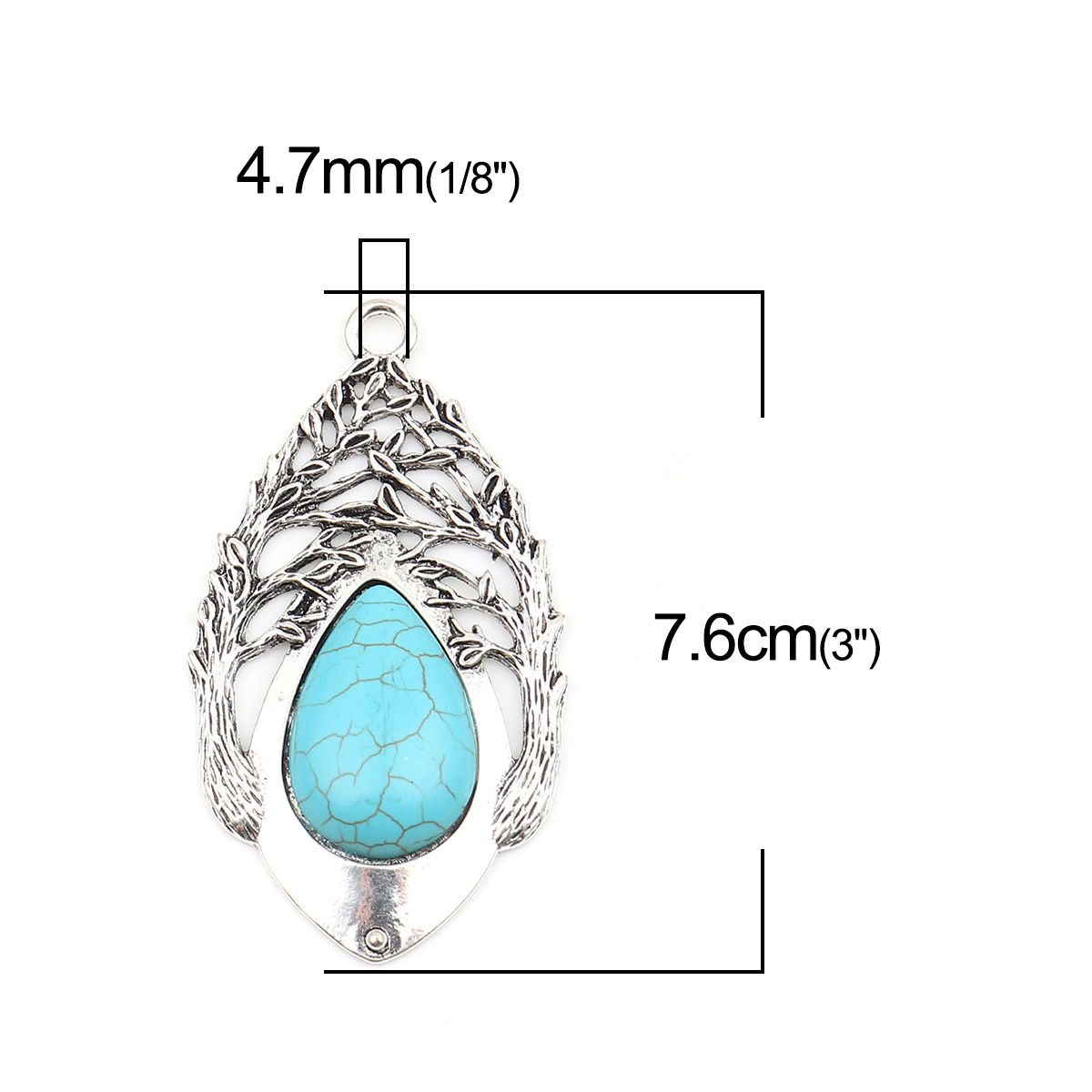 Imagen de Aleación de metal de Zinc + Acrílico Colgantes Óvalo Plata Antigua Verde Azul Hoja Imitación de turquesa 76mm x 42mm, 1 Unidad