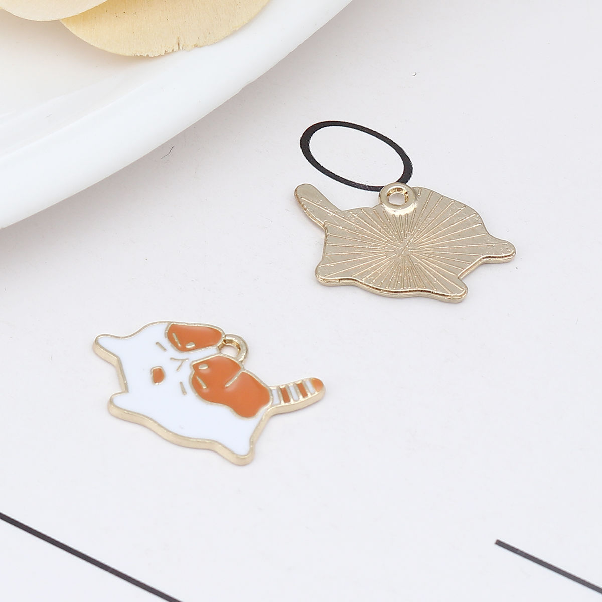 Picture of Zinc Based Alloy Charms Cat Animal Gold Plated White & Orange Enamel 28mm x 16mm, 10 PCs