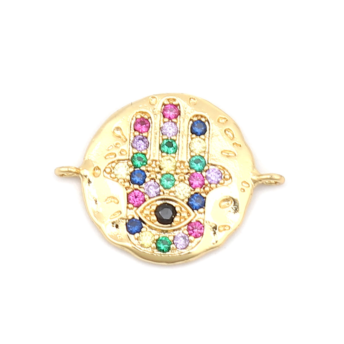 Imagen de Zinc Based Alloy Religious Connectors Round Gold Plated Hamsa Symbol Hand Micro Pave Multicolor Rhinestone 21mm x 16mm, 1 Piece