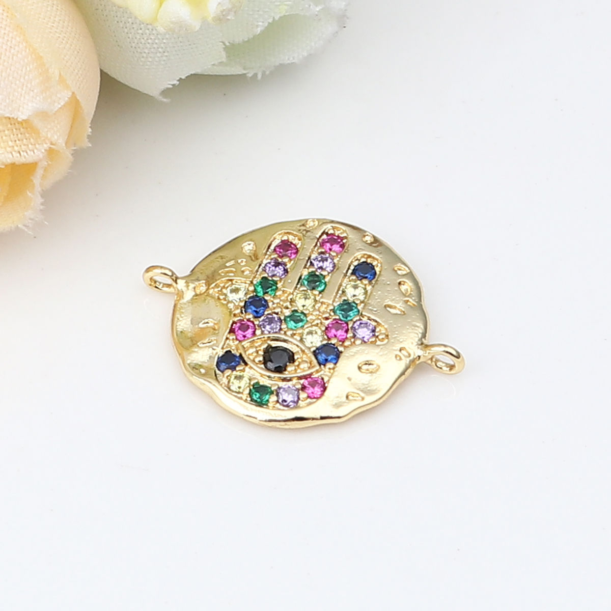 Imagen de Zinc Based Alloy Religious Connectors Round Gold Plated Hamsa Symbol Hand Micro Pave Multicolor Rhinestone 21mm x 16mm, 1 Piece