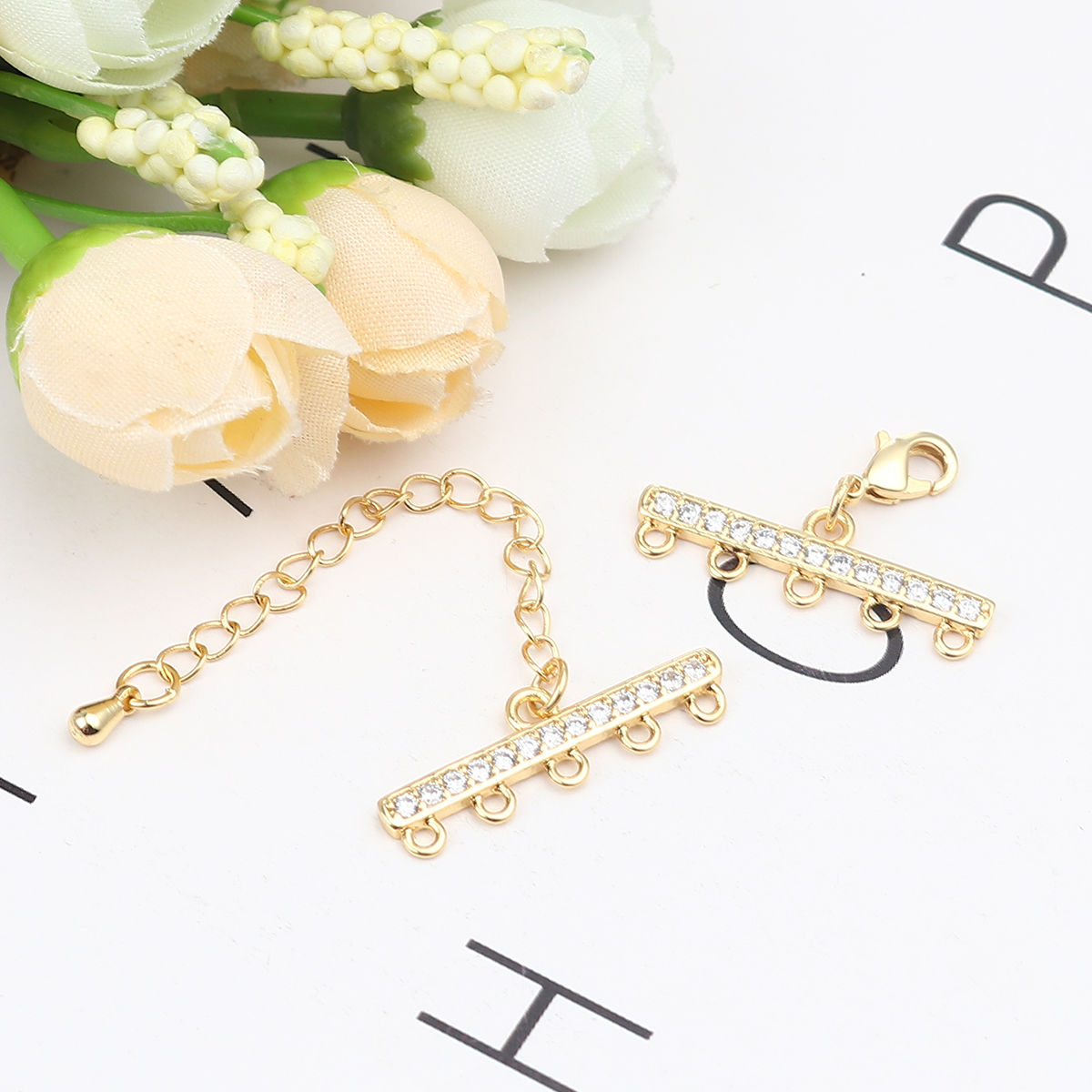 Изображение Zinc Based Alloy Cord End Caps Rectangle Gold Plated Clear Rhinestone 65mm x 25mm 25mm x 18mm, 1 Set