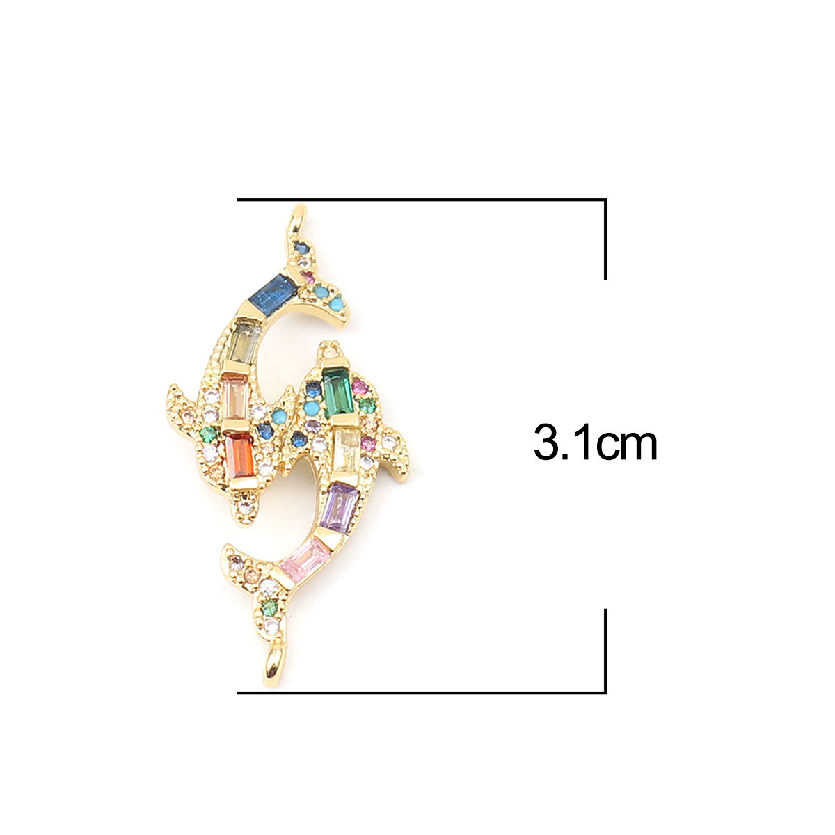 Imagen de Zinc Based Alloy Ocean Jewelry Connectors Fish Animal Gold Plated Micro Pave Multicolor Rhinestone 31mm x 15mm, 1 Piece