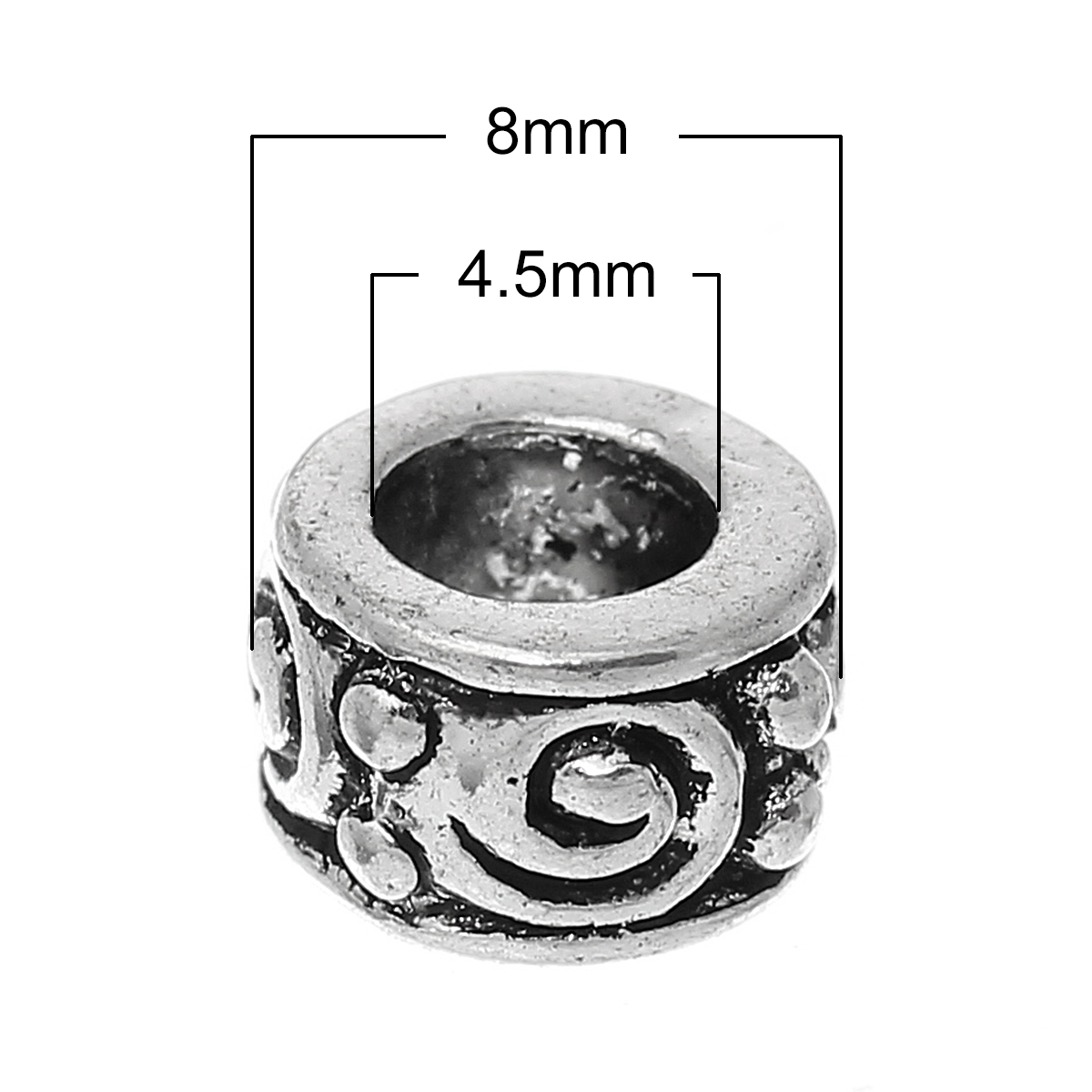 Picture of 50 PCs Zinc Based Alloy European Style Large Hole Charm Beads Antique Silver Color Round Spiral 8mm Dia., Hole: Approx 4.5mm