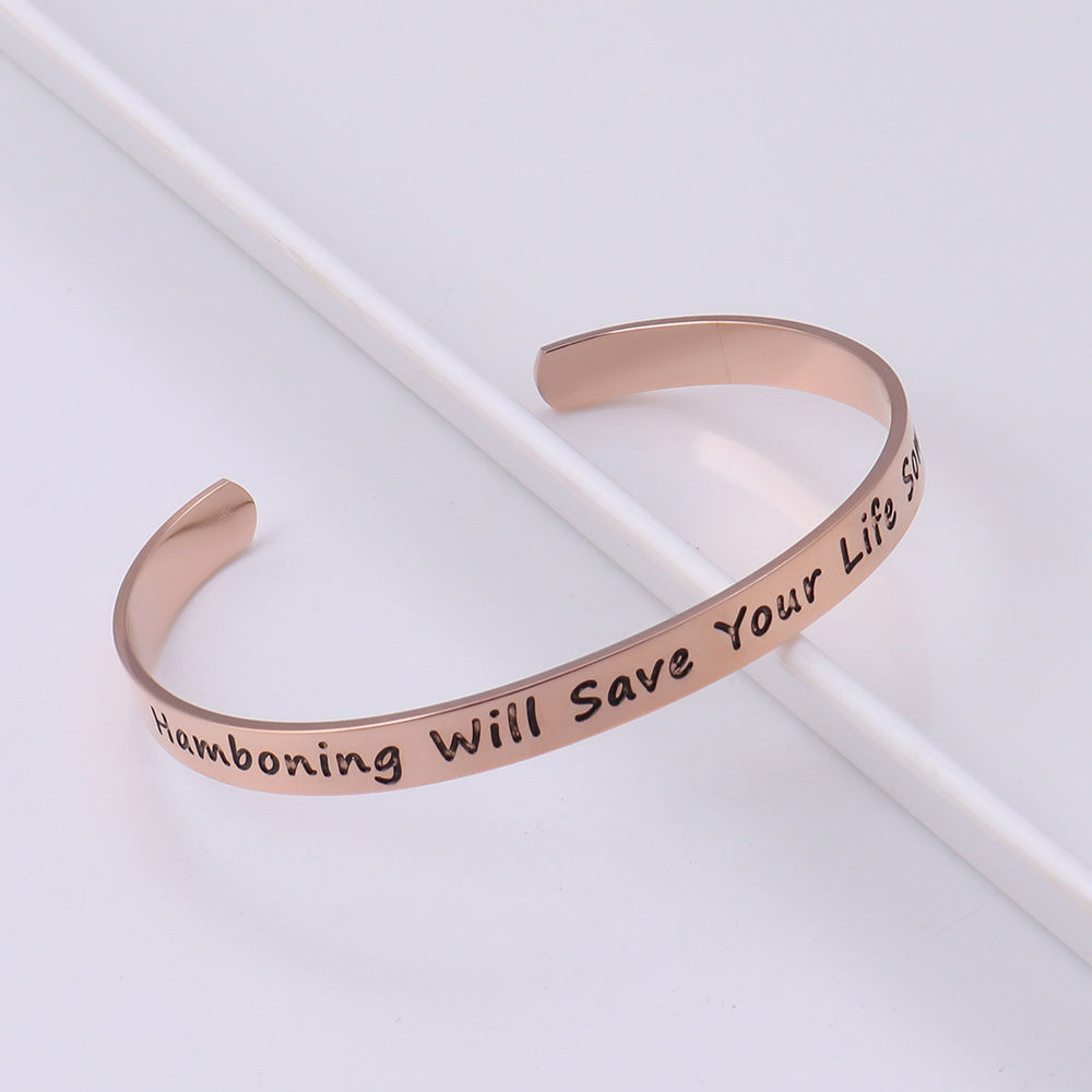 Picture of Stainless Steel Open Cuff Bangles Bracelets Rose Gold Message " Hamboning Will Save Your Life Someday " Corrosion 20cm(7 7/8") long, 1 Piece