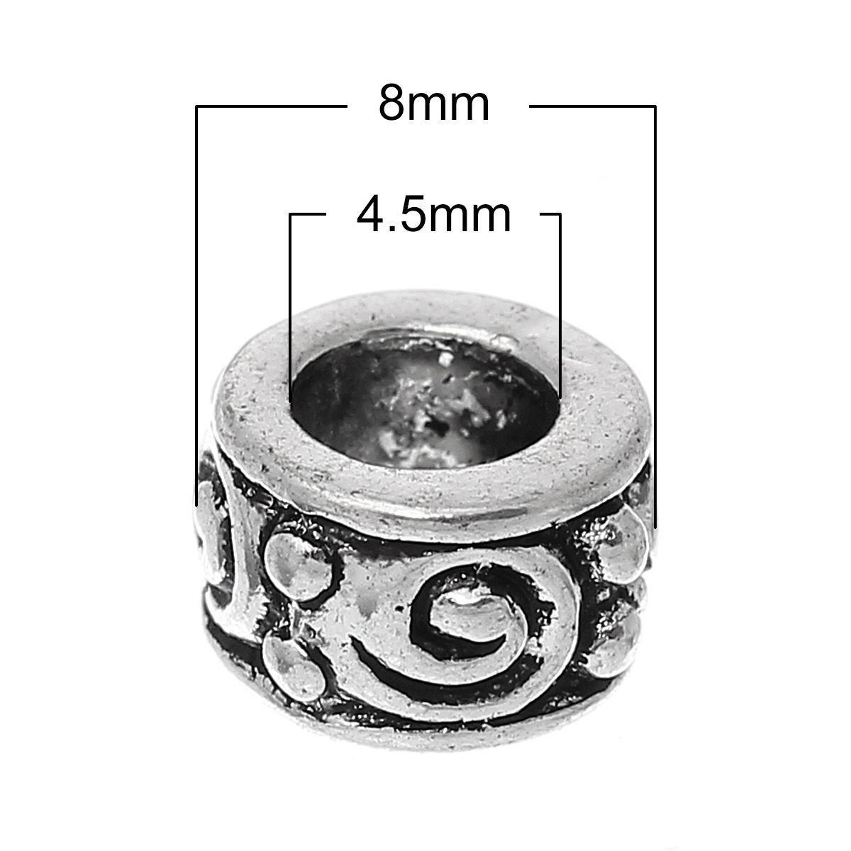 Picture of 50 PCs Zinc Based Alloy European Style Large Hole Charm Beads Antique Silver Color Round Spiral 8mm Dia., Hole: Approx 4.5mm
