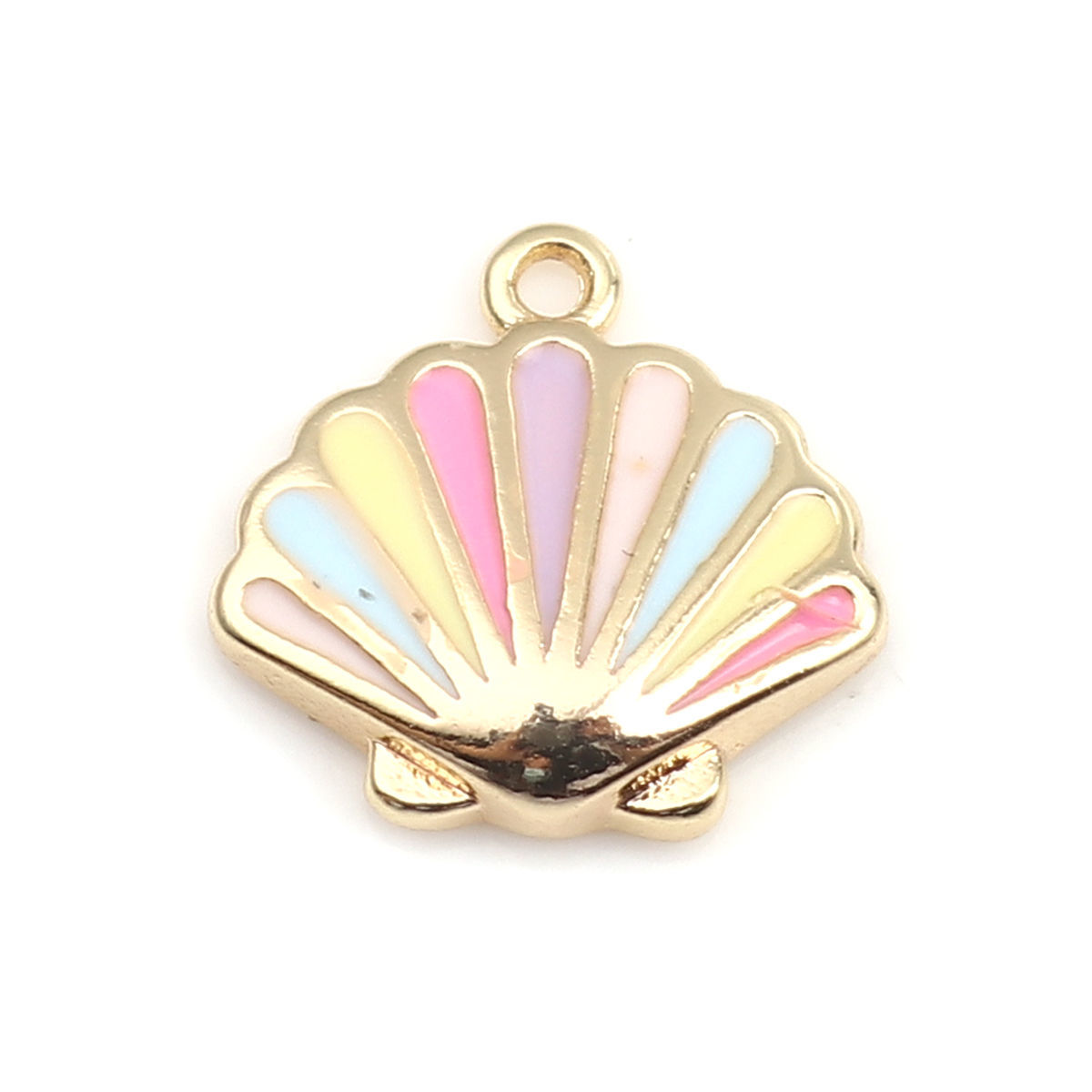 Picture of Brass Charms 18K Real Gold Plated Multicolor Scallop Enamel 10mm x 10mm, 50 PCs