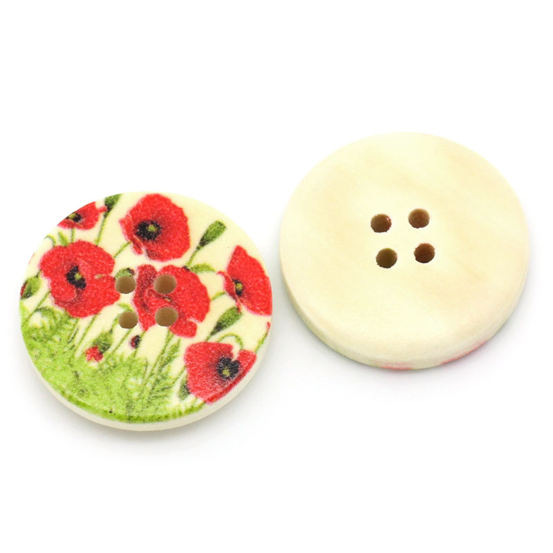 Picture of Natural Wood Sewing Buttons Scrapbooking 4 Holes Round Multicolor Flower Pattern 30mm(1 1/8") Dia, 50 PCs